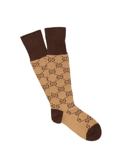 Gucci Gg Supreme Logo Cotton Blend Socks In Beige/marrone