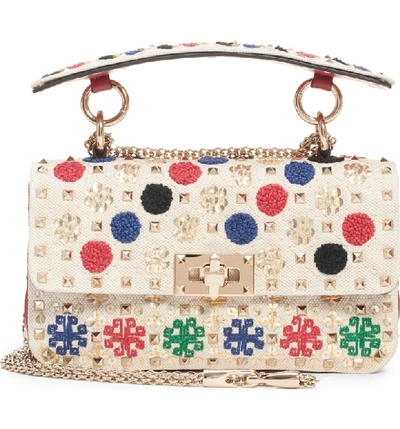 Valentino Garavani Spike. It Small Embroidered Canvas/leather Shoulder Bag In Naturale/ Rosso V