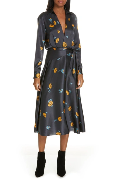 Equipment Vivienne V-neck Long-sleeve Floral-printed Silk Dress In Smokey Blue