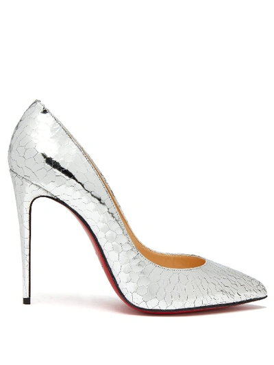 Christian Louboutin So Kate 120mm Metallic Crackled Leather Red Sole Pumps In Silver