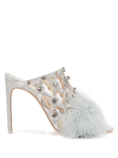 Sophia Webster Iris Crystal-embellished Feather-trimmed Mules In Silver