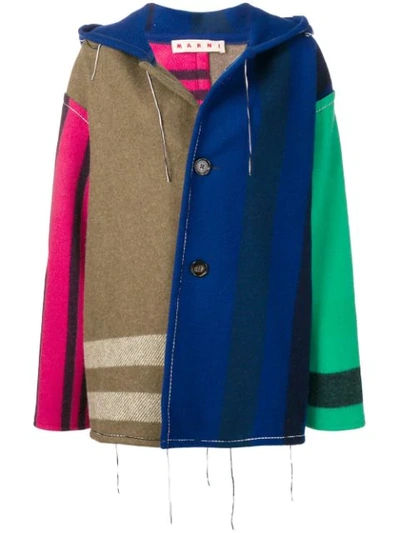 Marni Button-front Yarn-dyed Hooded Colorblocked Blanket Coat In Multi