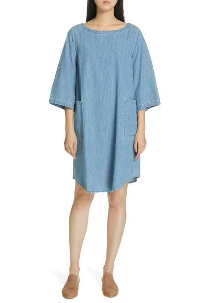 Eileen Fisher Plus Size 3/4-sleeve Drapey Denim Dress In Blue Star