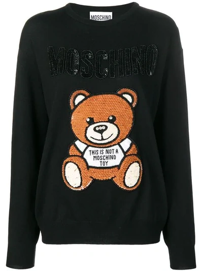 Moschino Teddy-embroidered Sequin-embellished Wool Jumper In Black