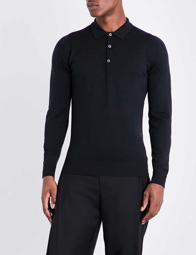 John Smedley Mens Black Belper Knitted Polo Jumper