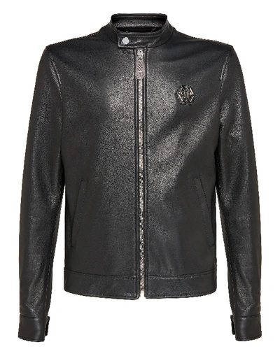 Philipp Plein Leather Moto Jacket Original In Black