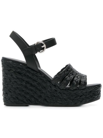 Prada 105mm Woven Satin & Leather Wedges In F0002 Black