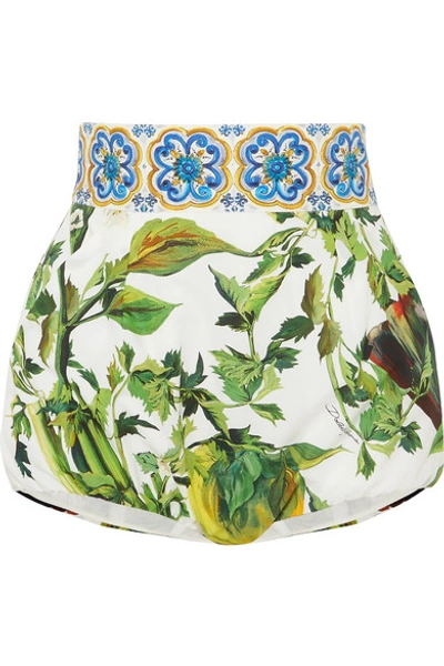 Dolce & Gabbana High Waist Printed Cotton Poplin Shorts In White