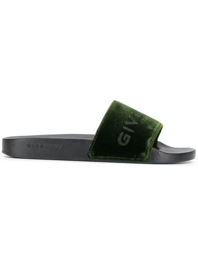 Givenchy Embroidered Logo Velvet Slide Sandals In Deep Green