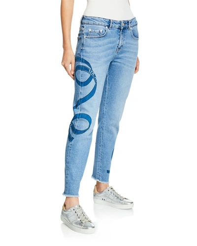 Escada Sport Ribbon-print Washed Boyfriend Jeans In Medium Blue