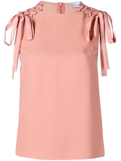 Red Valentino Whipstitched Sleeveless Crepe Satin Top W/ Lace-up Shoulders In Pink