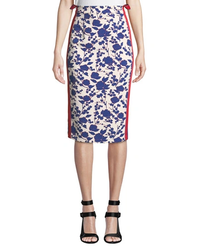 Pinko High-rise Floral Side-stripe Pencil Skirt In White Pattern