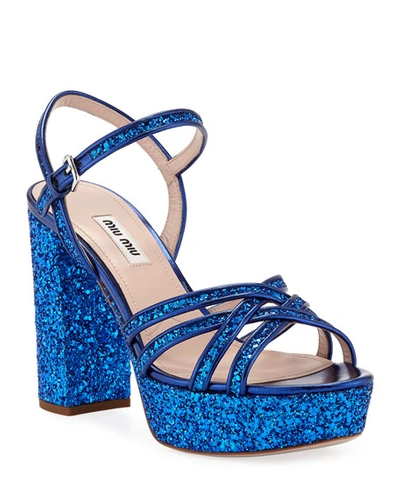 Miu Miu Glitter Strappy Platform Sandals In Blue Metallic