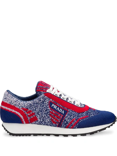 Prada Knit Lace-up Tennis Sneakers In Blue
