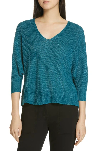 Eileen Fisher Plus Size Organic Linen 3/4-sleeve V-neck Sweater In Teal