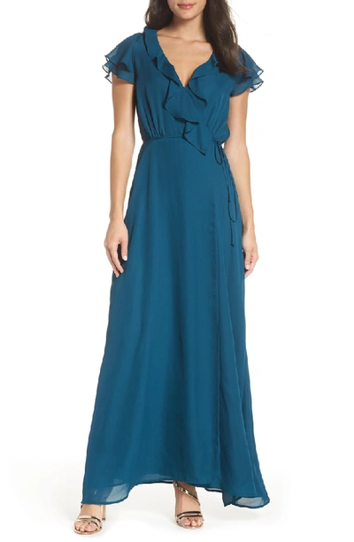 Wayf The Evaline Flutter Ruffle Wrap Gown In Teal