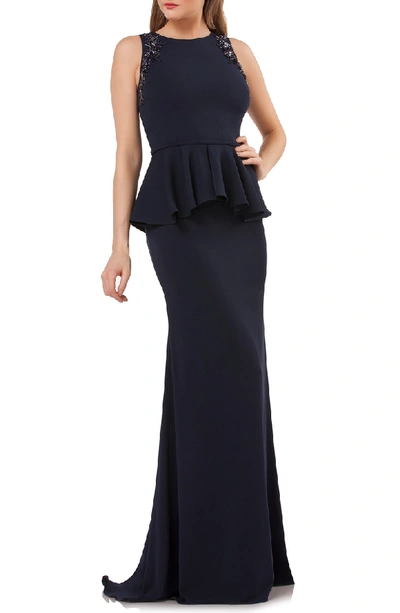Carmen Marc Valvo Infusion Embellished Peplum Waist Crepe Gown In Midnight