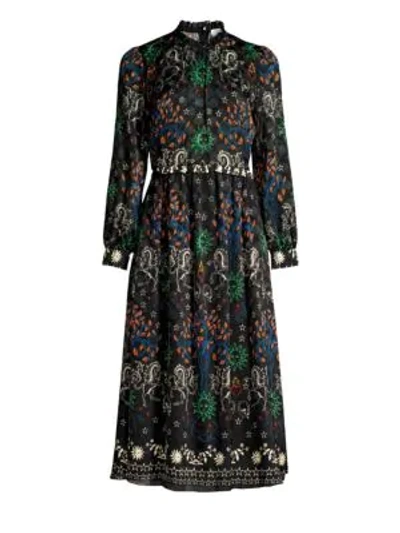 Sandro Grassette Folk-print Midi Dress In Black