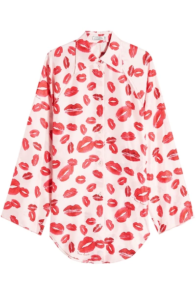 Nina Ricci Pink Silk All-over Lips Print Shirt. In Rosa+rosso