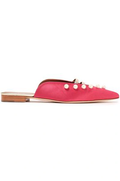 Malone Souliers Woman Leather-trimmed Faux Pearl-embellished Satin Slippers Bright Pink