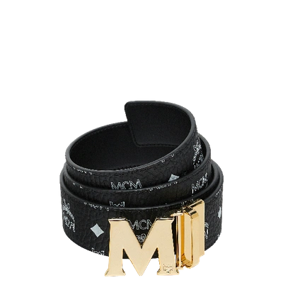 Mcm Antique M Reversible Belt 1.75" In White Logo Visetos In White Logo Black
