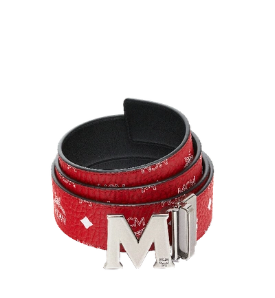 Mcm Antique M Reversible Belt 1.75" In White Logo  Visetos In White Logo Viva Red