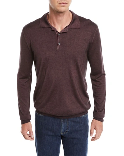 Canali Men's Long-sleeve Wool/silk Polo Shirt, Burgundy In Red