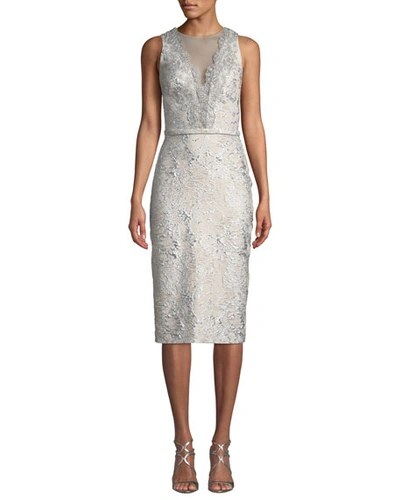 Theia Sleeveless Cloque Cocktail Dress W/ Metallic Lace In Champagne