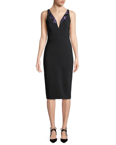 Theia Crepe V-neck Cocktail Sheath Dress W/ Lilac Beaded Front In Black/purple