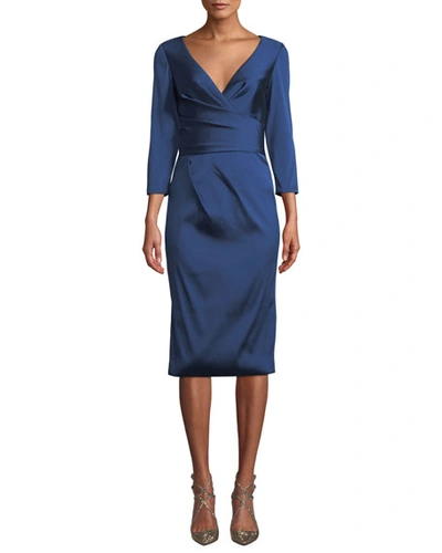 Theia Wrap-illusion V-neck Dress In Blue