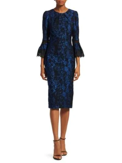 Theia Bell-sleeve Jacquard Cocktail Dress In Admiral