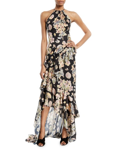 Theia Floral Decoupage-print Ruffle Halter Gown In Black Multi