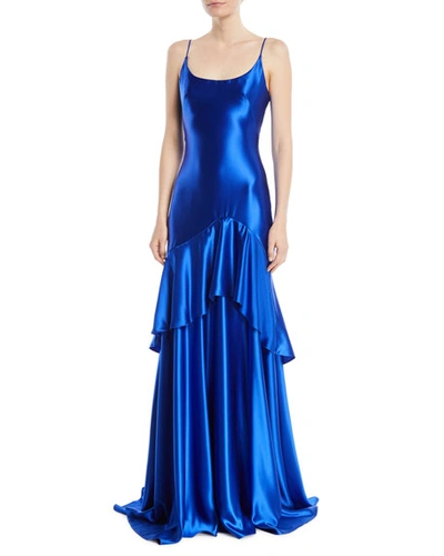 Theia Satin Slip Gown W/ Flounce Skirt In Cobalt