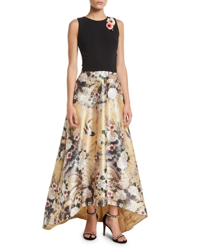 Theia Japanese Parchment Print Sleeveless Gown With Flowers In Black