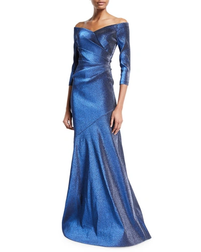 Theia Off-the-shoulder 3/4-sleeve Metallic Mermaid Gown In Blue
