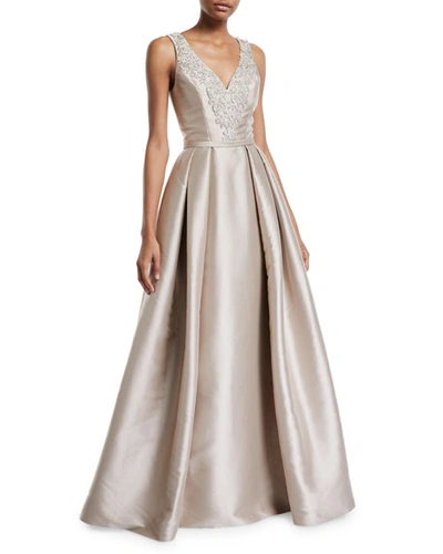 Theia Faille V-neck Ball Gown With Crystal Beading In Taupe