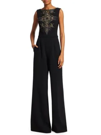 Theia Sleeveless Embroidered Wide-leg Jumpsuit In Black