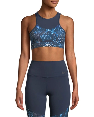 Nike Swoosh Printed Medium-support Sports Bra In Blue