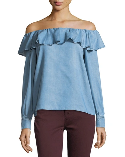 7 For All Mankind Off-the-shoulder Ruffle Chambray Top