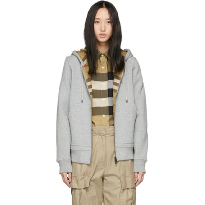 Burberry Check-lined Zip-front Hoodie Jacket In Pale Grey Melange