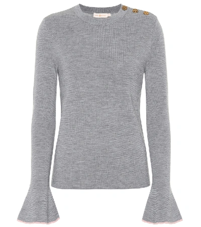Tory Burch Button-shoulder Flare-sleeve Sweater In Grey