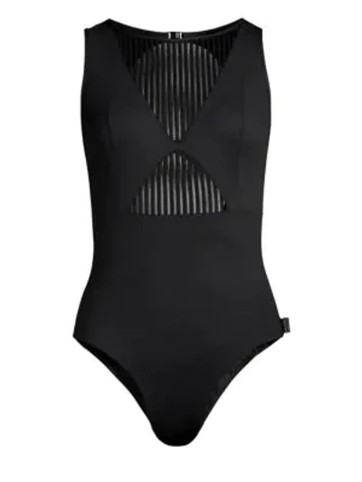 Shan Clara Stripe Mesh One-piece Swimsuit In Onyx