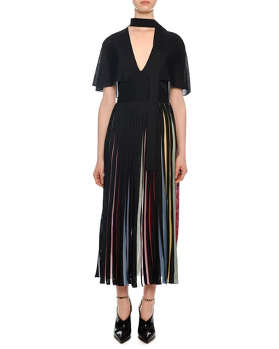 Valentino Short-sleeve Knit Midi Dress With Rainbow Inset In Black