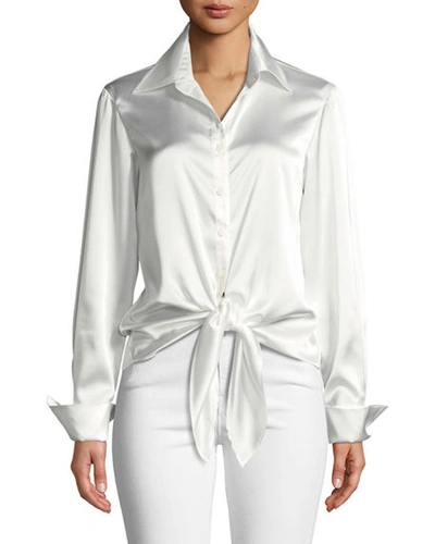 Finley Lindy Button-front Long-sleeve Satin Blouse W/ Tie-front In Ivory