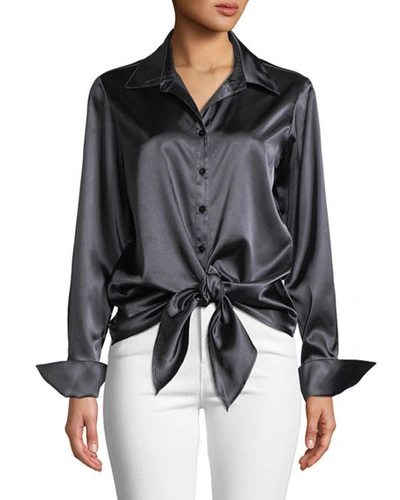 Finley Lindy Button-front Long-sleeve Satin Blouse W/ Tie-front In Smoke