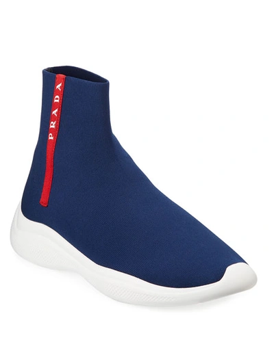 Prada Men's Sock-boot Sneakers In Blue