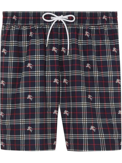 Burberry Equestrian Knight Check Drawcord Swim Shorts In Navy