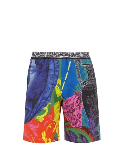 Versace Magna Grecia Print Jersey Short In Multicolor