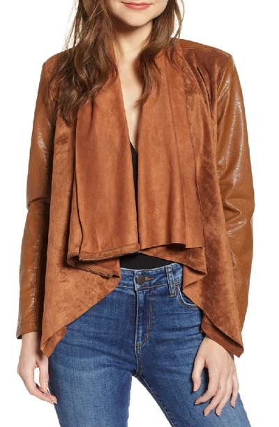 Blanknyc Mixed Media Faux Leather Drape Front Jacket In Coffee Bean