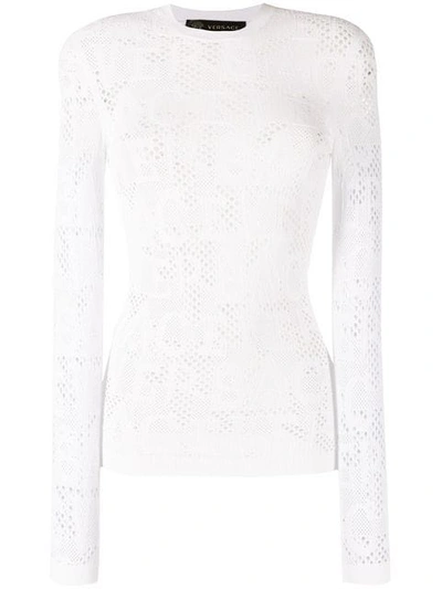 Versace Letter Tattoo-knit Crewneck Long-sleeve Top In White